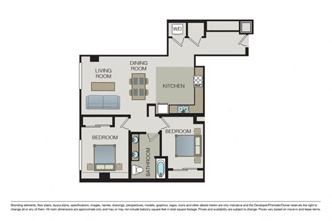 Floor plan for 2 beds, 1 bath, 1034 sqft